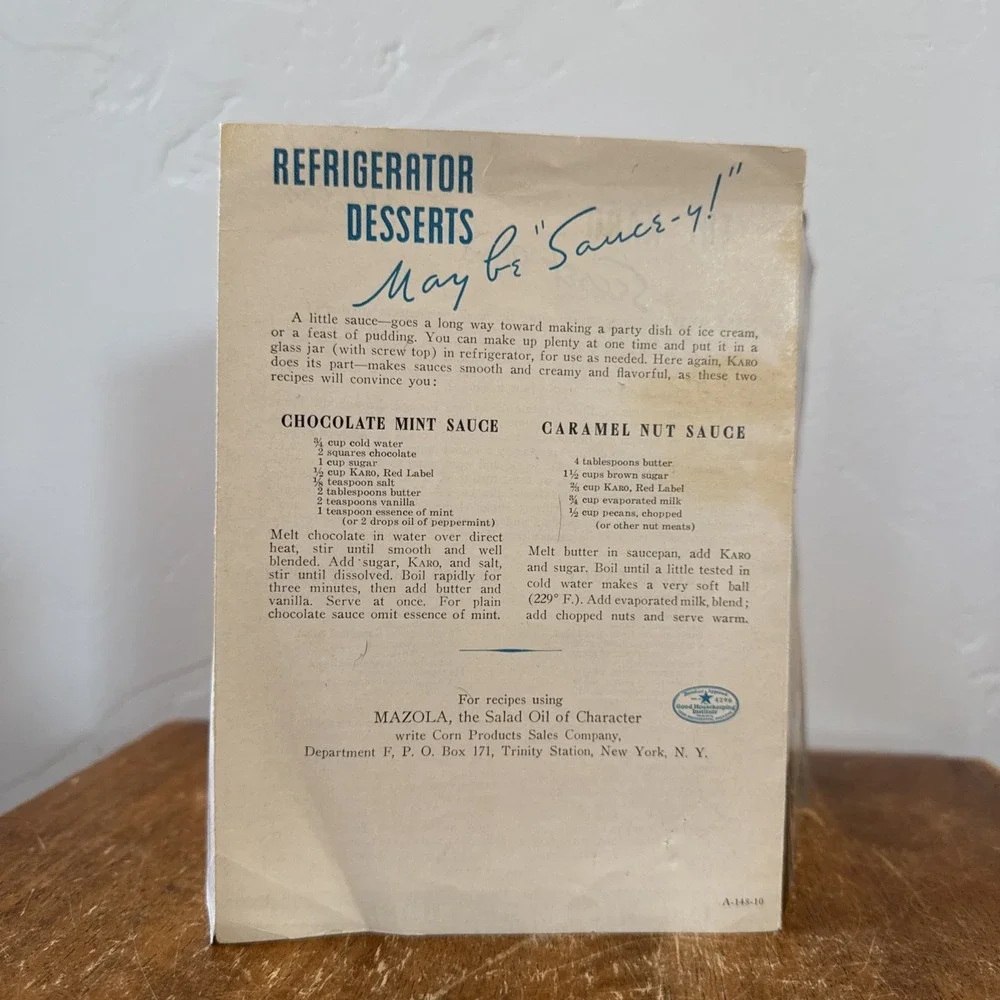 Refrigerator‎ Desserts Maybe Sauce-y! Recipe Pamphlet Ice Cream MAZOLA A-148-10